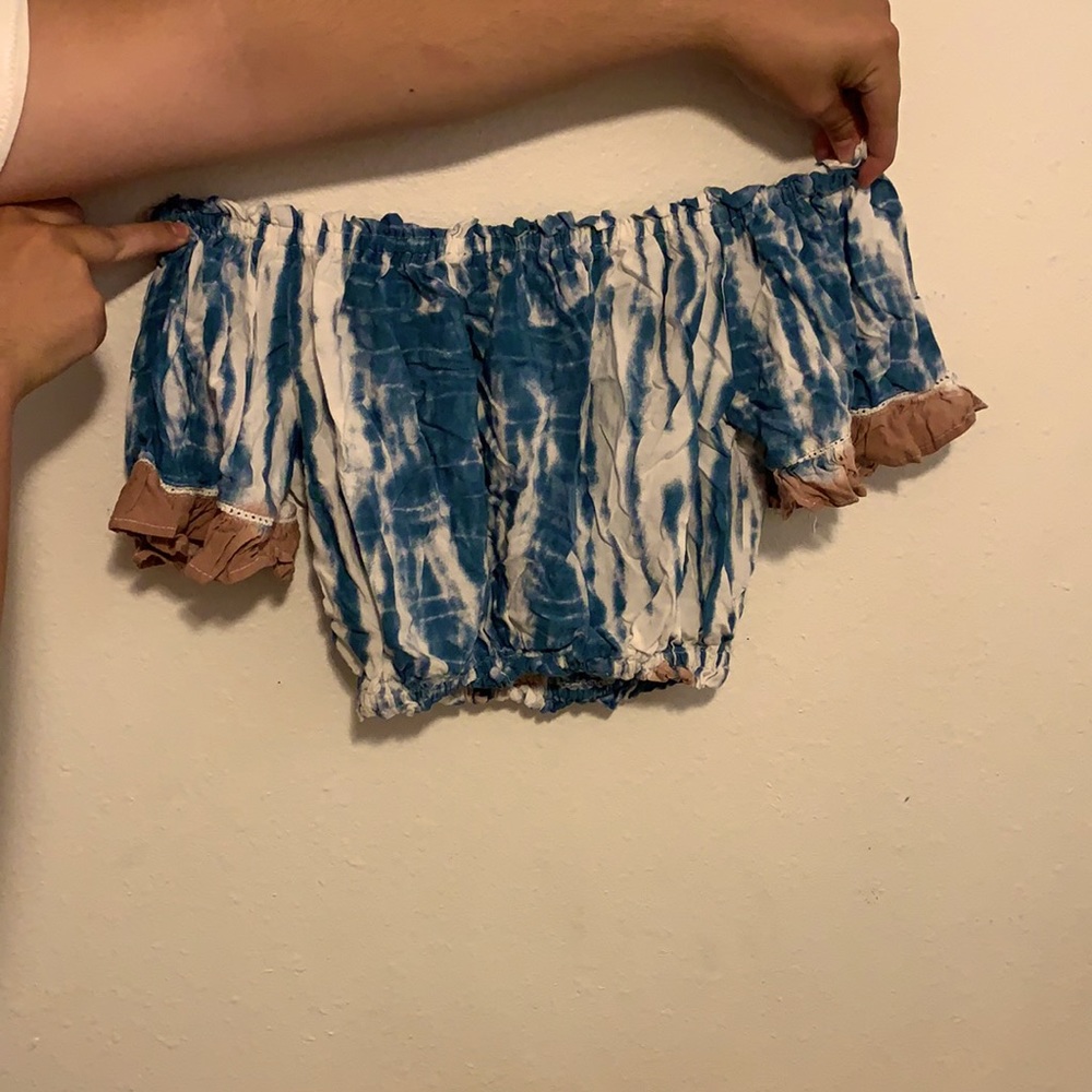 Off shoulder blue and white crop top